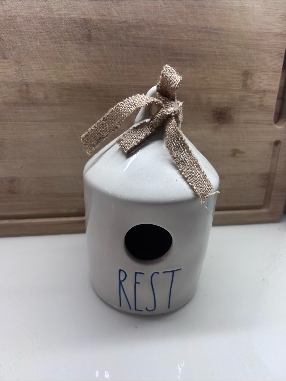 Rae Dunn White Ceramic Birdhouse Accent with Burlap Ribbon